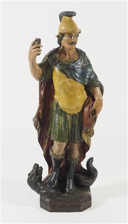 Scultura lignea policroma finemente scolpita raffigurante San Giorgio. XVIII...