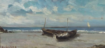 Johannes Seiler 1871-1954 "Barche a riva" cm. 13x27 - olio su tavoletta...