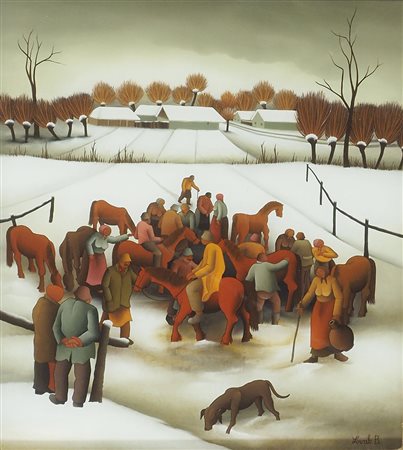 Branko Lovak Hlebine 1944 Lotto di 2 pitture naif raffiguranti paesaggi...