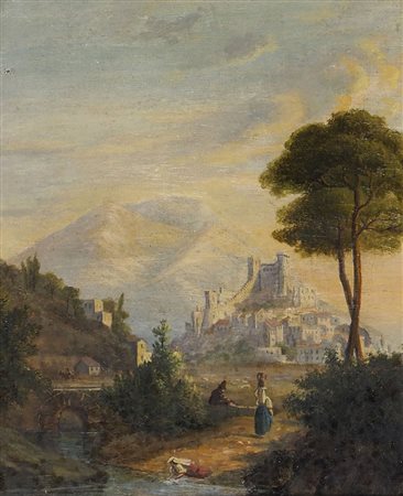 Maestro del XIX secolo "Castello tra i monti" cm. 29x24 - olio su tela