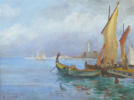 Longhi "Marina con barche" cm. 40x60 - olio su tavola Firmato