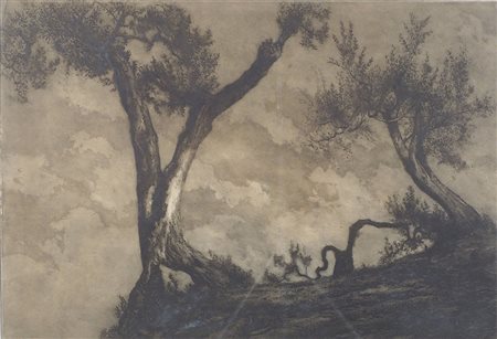 Bruno Croatto Trieste 1875-Roma 1948 "Alberi" cm. 42x62 - incisione Firmato...