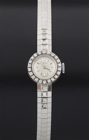 Orologio da polso da donna in oro bianco con diamanti sul quadrante e sul...