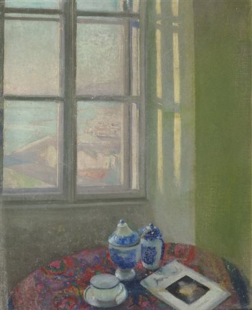 Romano Rossini Trieste 1886-1951 "Interno con vista su Trieste" cm. 40x32 -...