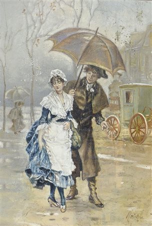 Pittore del '900 "Sotto la pioggia" cm. 25x17 - olio su cartone