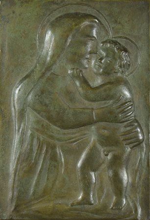 Umberto Milani 1912-1969 Placca in bronzo raffigurante Madonna con bambino,...