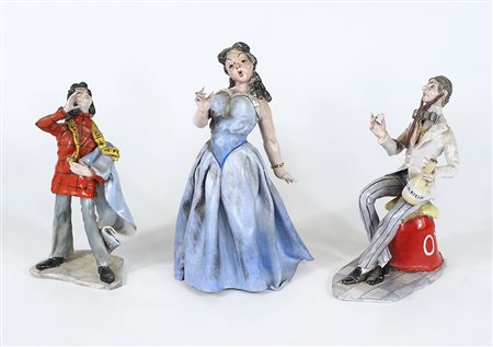 Carbet Carotti & Bettucci Lotto di 3 sculture in maiolica a smalti policromi...