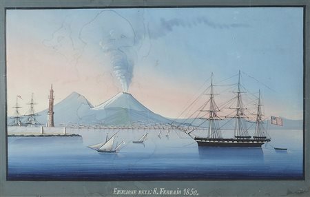 Maestro del XIX secolo "Napoli, eruzione del 1850" cm. 45x70 - tempera su carta