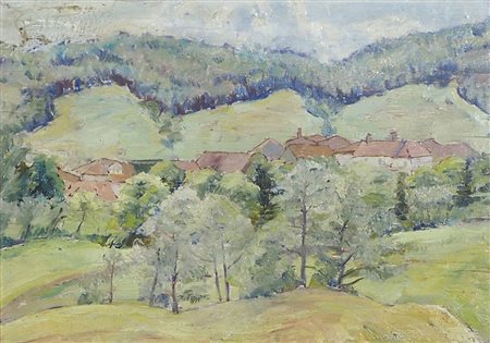 Enrico Fonda Fiume 1892-Parigi 1929 "Paesino nel bosco" cm. 24x34 - olio su...