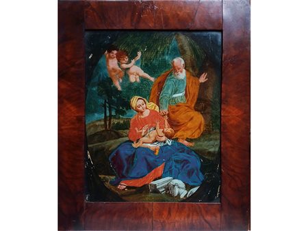 Maestro del XVIII secolo Sacra famiglia 32,5x26,5 cm Olio su vetro