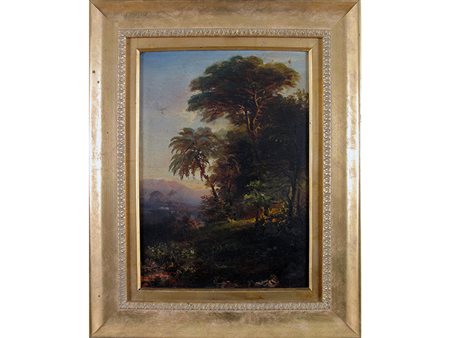 Anonimo (XIX secolo) Paesaggio boschivo 35x25 cm Olio su cartoncino