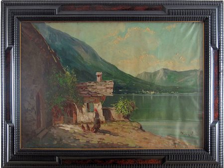 Mazzolani (XX secolo) Paesaggio lacustre con figura e galline 70x100 cm Olio...
