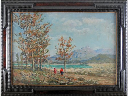 Rosario Di Fazio (1892-1958) Paesaggio con figure 70x100 cm Olio su tela