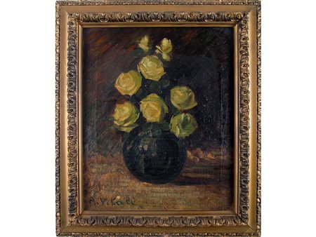 Firma illeggibile (XX secolo) Vaso di rose 59x48 cm Olio su tela