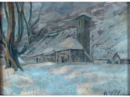 Firma illeggibile (XX secolo) Nevicata 35x48 cm Olio su cartoncino