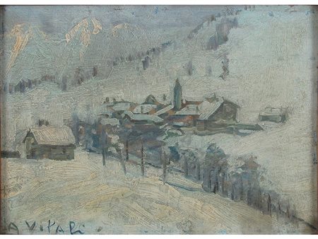 Firma illeggibile (XX secolo) Nevicata 35x48 cm Olio su cartoncino