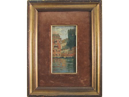 Arturo Bianchi (1856-1939) Scorcio lacustre 10,5x5,5 cm Olio su cartoncino