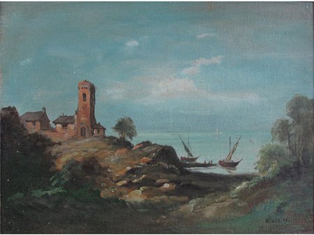 Francesco Carini (1883–1959) Marina con figure e barche 29,5x39,5 cm Olio su...