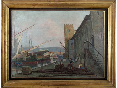 Renuccio Renucci (1880–1947) Pescatori nel porto 50x70 cm Olio su cartoncino