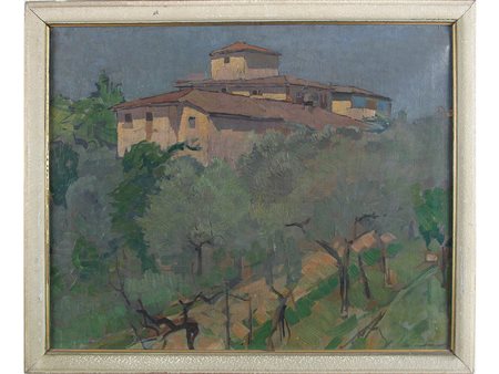 Anonimo (XX secolo) Villa in campagna 53,5x66 cm Olio su tela