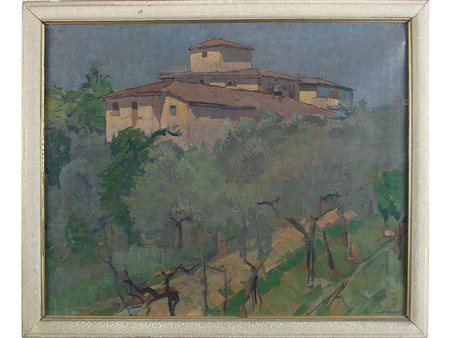Anonimo (XX secolo) Villa in campagna 53,5x66 cm Olio su tela