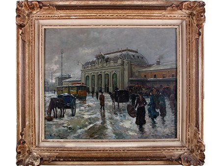 A.Pavesi (XX secolo) Stazione di Milano 50x60 cm Olio su compensato