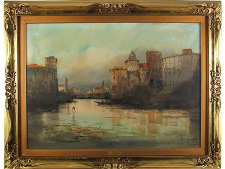 Lucio Cargnel (1903–1998) Paesaggio fluviale con case e barca con figure...