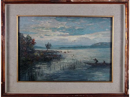 Giorgio Marcon (1924) Paesaggio lacustre con cacciatori 34,5x50 cm Olio su...