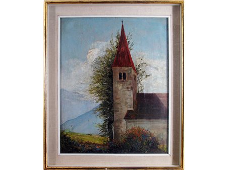 Anonimo (XX secolo) Campanile 50x40 cm Olio su compensato