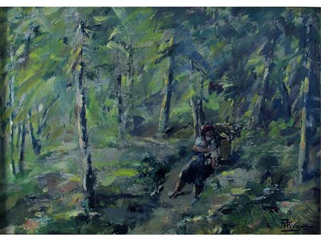 Angelo Pisani (1885-1950) La raccolta nel bosco 38,5x54 cm Olio su tavola