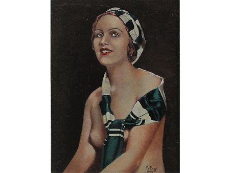 R.Biggi (XX secolo) Nudo di donna 22,5x17 cm Olio su compensato