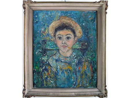 Anonimo (XX secolo) Ritratto di fanciullo con cappello 61x50 cm Olio su tela