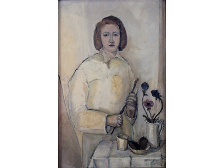 Lucia Maria Bessi (1929-?) Ritratto femminile con natura morta 110x71 cm Olio...