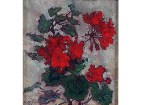 Edith Lutz-Romani (1894-1983) Geranio fiorito 25x23 cm Olio su cartoncino