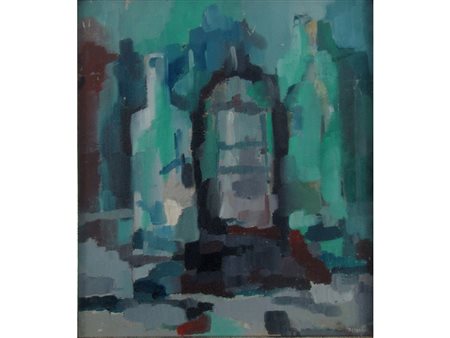 Pecoraro (XX secolo) Natura morta con bottiglie 44,5x39 cm Olio su compensato