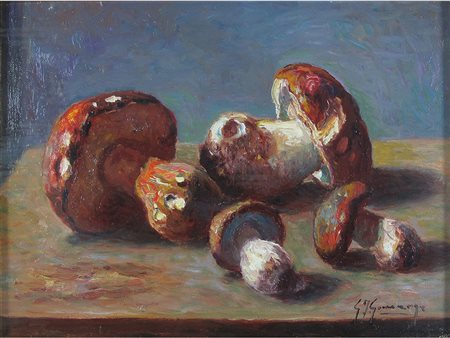 Giovan Francesco Gonzaga (1921-2007) Funghi in un interno 30x40 cm Olio su tela