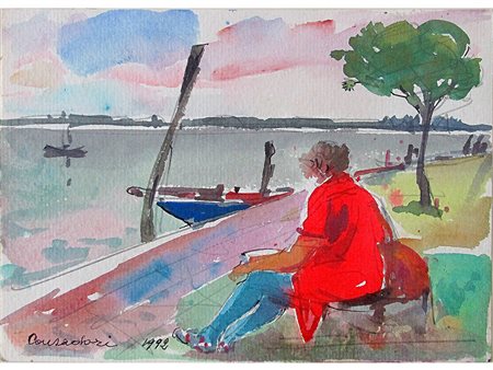 Silvio Consadori (1909–1994) Figura in rosso sul lago 17x24 cm Acquarello su...