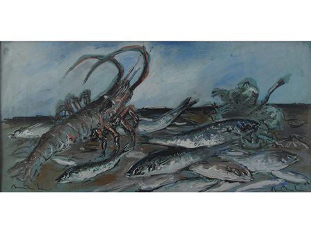 Bruno Martini (1911–1979) Natura morta con aragosta e pesci 30x62 cm Tempera...