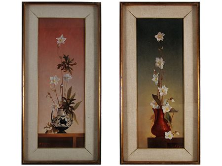 Firma illeggibile (XX secolo) Vaso con fiori 80x28,5 cm Olio su faesite