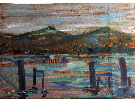 Autore non identificato (XX secolo) Paesaggio lacustre 30,5x45 cm Olio su carta