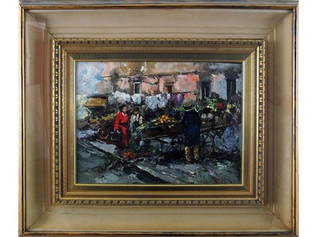 Franco Rispoli (1921-1989) Mercato 30x40 cm Olio su compensato
