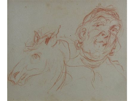 Anonimo (XIX secolo) Figura a cavallo 14x17 cm Sanguigna su carta