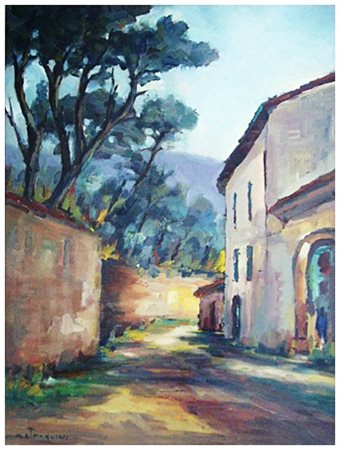 LIVIO BATTAGLINI Pisa 1921 – Pisa ? Un vicolo di Calci 1973 Olio su faesite...