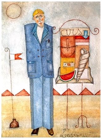 SERGIO LAZZERINI Pisa 1951 Venditore e altarino Olio su tavola preparata 50 x...