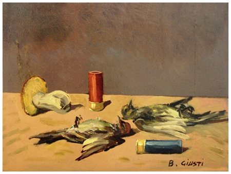 BRUNO GIUSTI Livorno 1937 Senza titolo Olio su tavola 25,5 x 34. Firma in b....