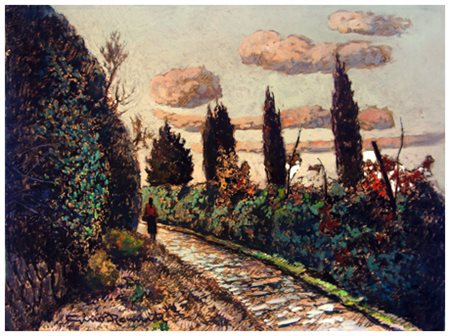 GINO ROMITI Livorno 1881 – Livorno 1967 Viale con cipressi Olio su faesite 30...