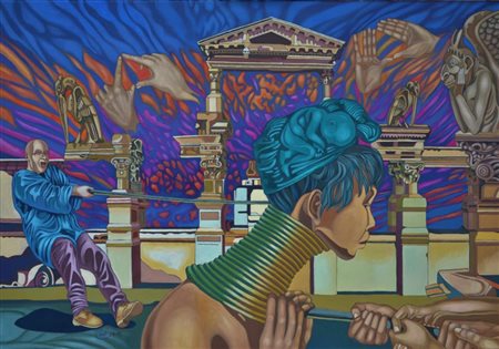 PIETRO LEMBO Tiro alla fune, 2018 olio su tela cm 100x70