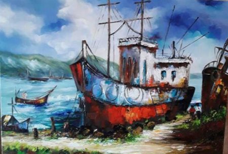 CARLA RUSSO Barche olio su tela cm. 70x100