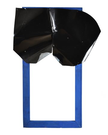 Carena Antonio FRAMMENTO lamiera, nero speculare, legno, cm 100x72 sul retro:...