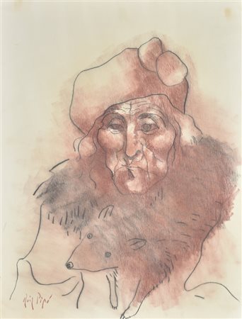 Ruiz Pipò Manolo Donna con Pelliccia tecnica mista su carta, cm 65x50 sul...